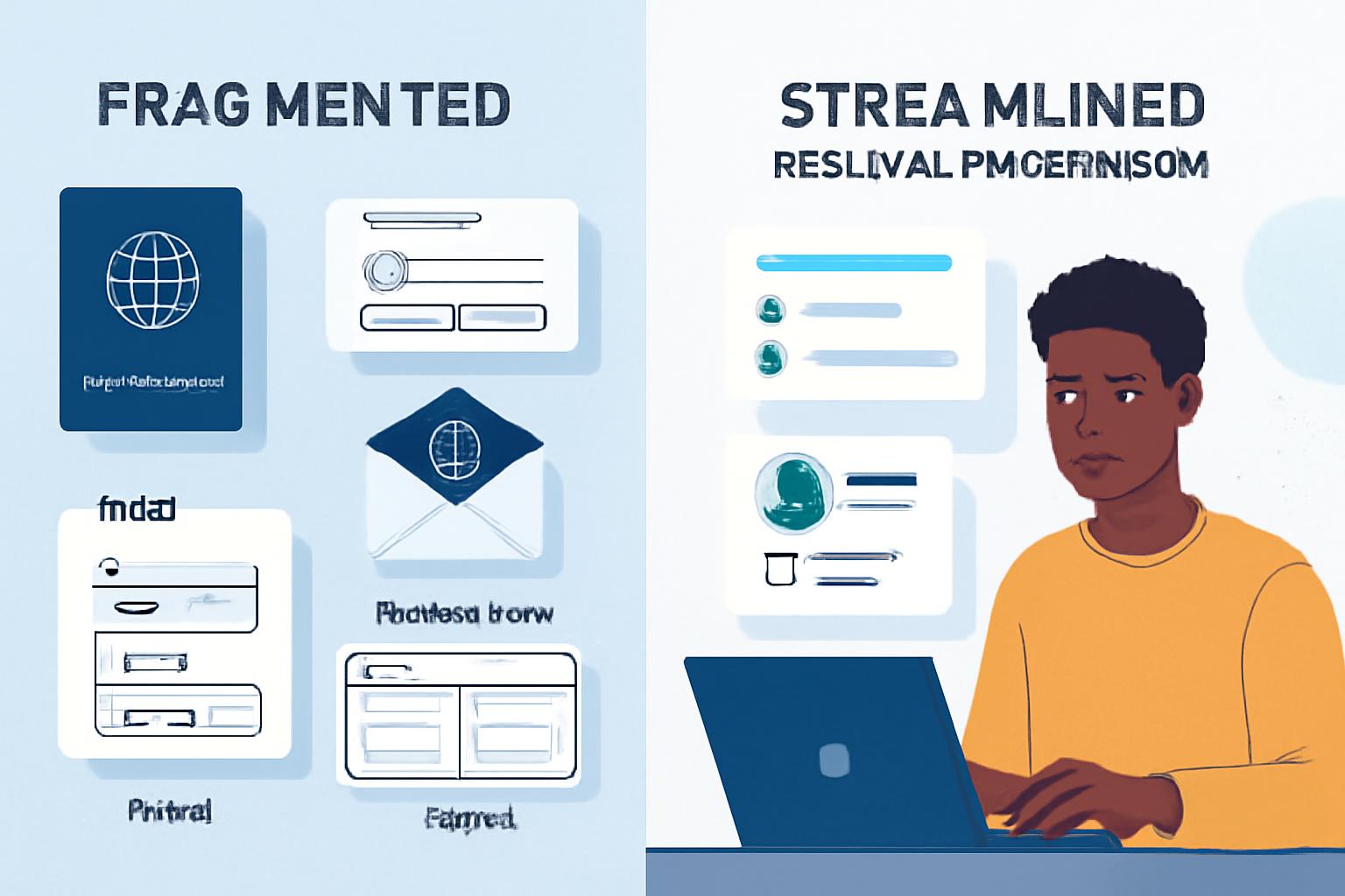 Diagram comparing fragmented travel paperwork with a streamlined guided workflow