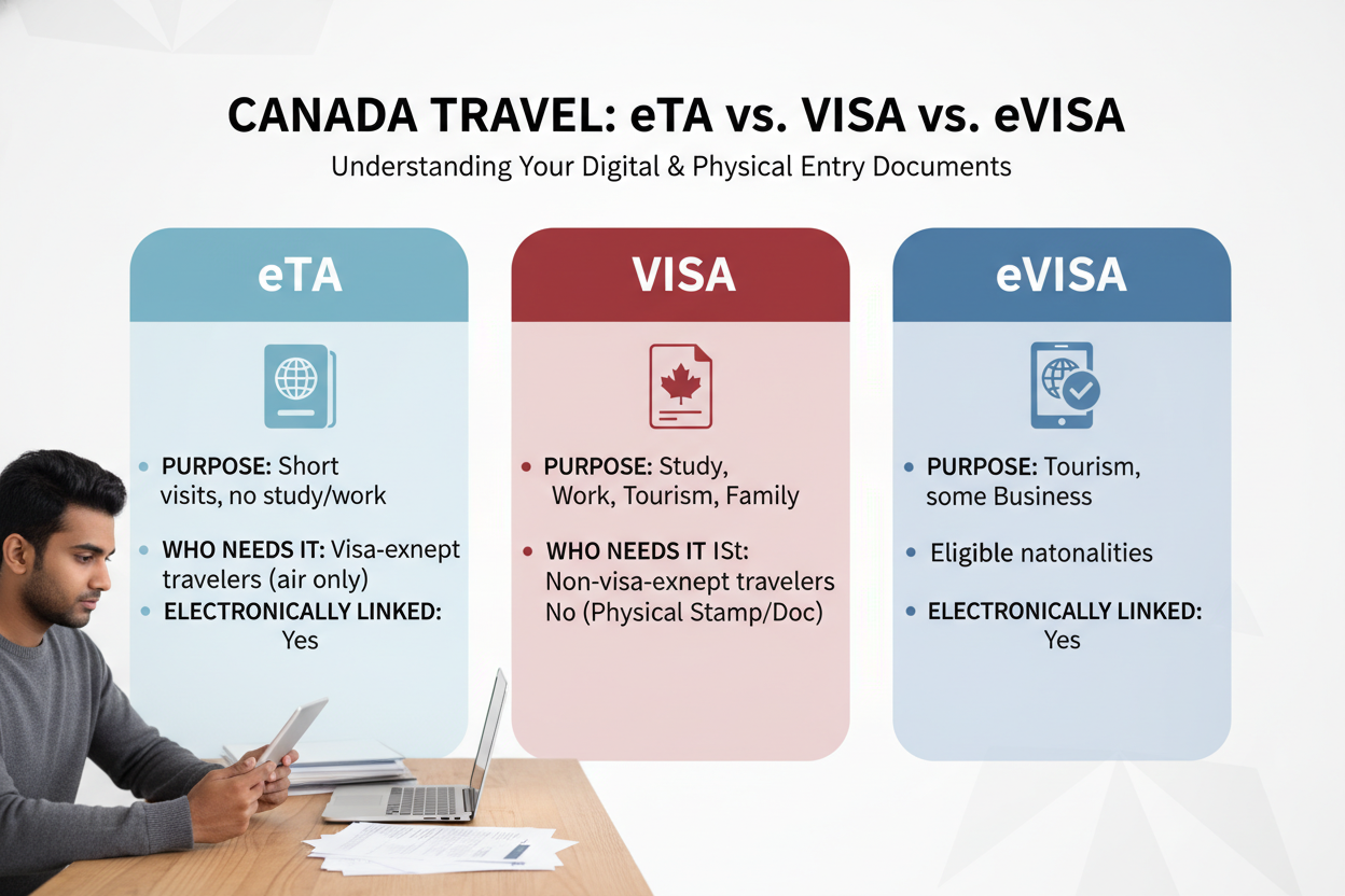 Comparison graphic showing the differences between an eTA, visa, and eVisa for travelers to Canada