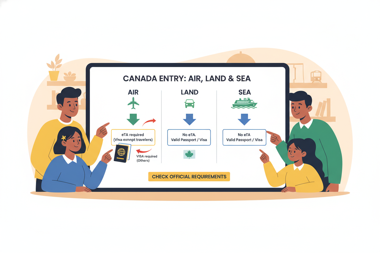 Visual guide comparing air, land, and sea entry rules for Canada and when an eTA is required