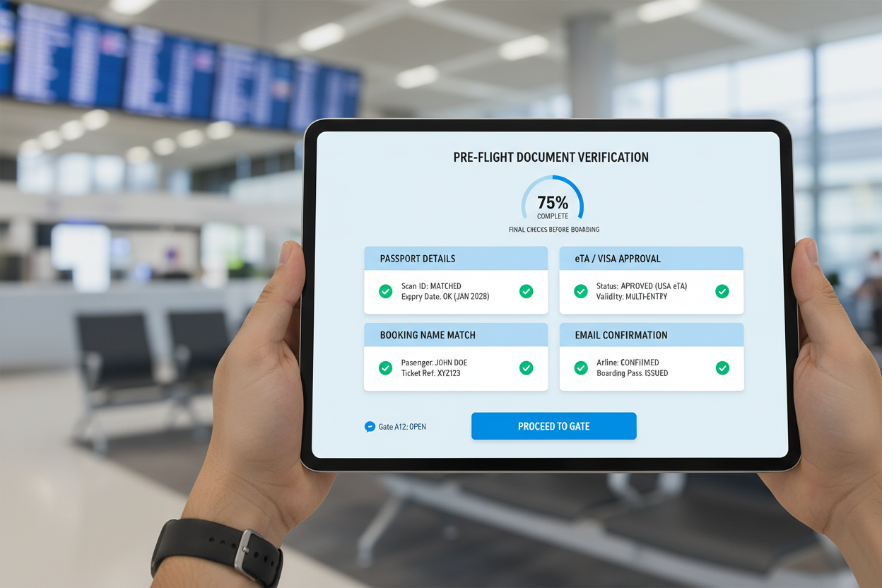 Pre-flight checklist mockup showing passport, eTA approval, and booking details review before travel